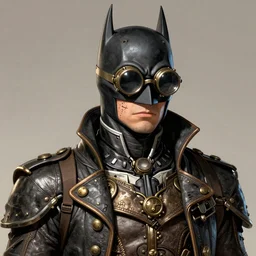 hyper detailed comic illustration of a steampunk anime  Batman  wearing goggles and an intricate Victorian jacket, markings on his face, by Hayao Miyazaki intricate details, bright vibrant colors , solid background, low angle fish eye lens