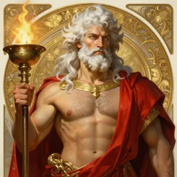 painted portrait of rugged zeus, god of thunder, greek god, white hair, masculine, mature, handsome, upper body, red and gold, brazier, muscular, hairy torso, fantasy, intricate, elegant, highly detailed, digital painting, artstation, concept art, smooth, sharp focus, illustration, art by gaston bussiere and alphonse mucha