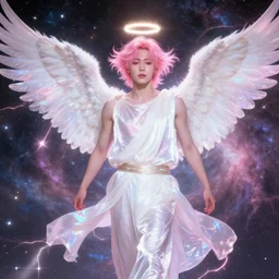 harmony of pink haired angel beautiful yoongi wearing white sparkly shiny greek clothes, muted colors, nebula background, angel halo, lightning, neon sparkles everywhere, big wings, dynamic hair movement, + + + + + + dynamic pose, holographic space, glowing effect, j. c leyendecker, by alan lee, wlop! illustrated by starember, fantasy art by craig mullins