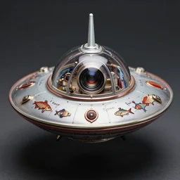 closeup of a tin toy retro 1 9 5 0 s flying saucer spacecraft, depth of field, zeiss lens, detailed, symmetrical, centered, fashion photoshoot, by nicoletta ceccoli, mark ryden, lostfish, earl nore, hyung tae, frank frazetta, breathtaking, 8 k resolution, extremely detailed, beautiful, establishing shot, artistic, hyperrealistic, octane render