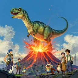 an illustration of a dinosaur, erupting volcano : anton fadeev, thomas kinkade hearstone league of legends dofus overwatch concept art, style of makoto shinkai, xision, james jean and peter mohrbacher, studio ghibli, artgerm, karol bak, dan mumford global illumination