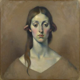 expressive distorted bust portrait of a woman with long neck, big ears and a small head, brown and blue palette, oil painting, impasto, muted colors, artwork by arnold bocklin, tom hammick