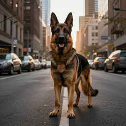 the german shepherd of I am legend in new york, octane render, unreal engine, sundown, empty streets