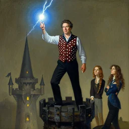Portrait John Goodman wearing a polka-dot vest whilst brandishing a lightning orb standing atop a wizard tower andrew wyeth niel welliver peter doig greg rutkowski paul klee jamie wyeth victo ngai