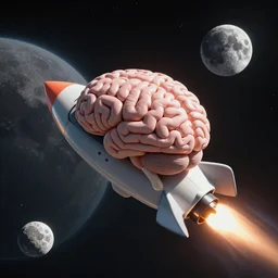 a 3D render of a brain riding on a rocketship heading towards the moon, 4K