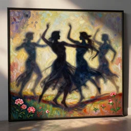 shadow people of the 1 9 7 0 s dancing by gustave dore. back glass painting, carnation, encaustic painting, b - roll, establishing shot, dappled light, crime scene photography, 8 k, vray, unreal engine, blender cycles, colorful