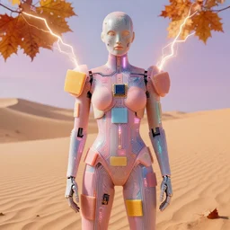 humanoid wearing electric circuits, nanometer design, silicone wafers, asml, microchips, autumn, haute couture, editorial photoshoot, pastel colors, vivid, fashion photography, cinematic lightning, sand dunes, portrait photography, 8 k hd in the style of zdzisław beksinski