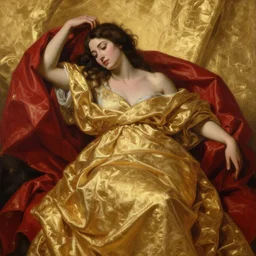 beautiful oil matte painting, women engulfed by golden sheets and red drapers, wonderful masterpiece highly detailed, beautiful cinematic light deep focus, elegant, digital painting, smooth, sharp focus, golden ratio, dramatic illumination, ultra realistic, 8 k, art by artemisia lomi gentileschi and caravaggio