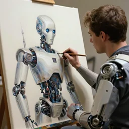 robot painting a robot on canvas, intricate, highly detailed, photorealistic, film still, by greg rutkowski.