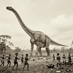 photo of early 1 9 0 0 of tribe's people who have hunted a giant diplodocus in bali, sepias color, grainy picture,