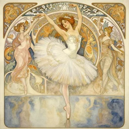 a beautifull intricate watercolour painting of a dancing ballerina, reflexions, verry high details by william turner art, greg rutkowski and alphonse mucha, trending on artstation, very very detailed, masterpiece, muted colors