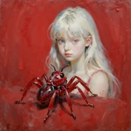 a portrait of an intensely lit scutigera girl modeling, red, oil painting, pale colors, high detail, 8 k, wide angle, trending on artstation,
