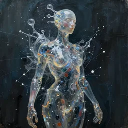 stunning, breathtaking, awe - inspiring award - winning biomorphic anthropomorpic transparent gelatinous humanoid character abstract expressionist splatter painting, extremely moody lighting