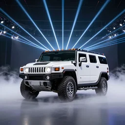 hummer truck on a stage with laser rays and ground fog.