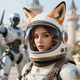 **high resolution 8k, close up portrait photograph of a female wearing a space helmet, dressed as a fox, standing near a castle, and a robot, vogue photoshoot in the style of James jean