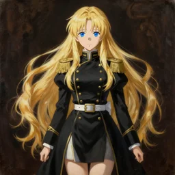 baroque oil painting full body illustration character concept art, anime key visual portrait of young female maid military dictator black uniform, long flowing blonde hair blue eyes, symmetrical perfect face fine detail delicate features quiet gaze, gapmoe kuudere epic lotr, trending on pixiv fanbox, painted by greg rutkowski makoto shinkai takashi takeuchi studio ghibli