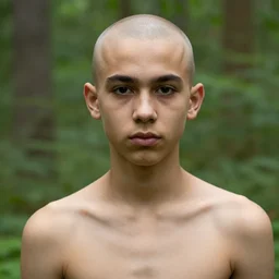 portrait, male teenager, bald, shirtless, dark shaped eyes, walking in forest, detailed face, realistic photo.