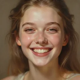 epic portrait of a beautiful girl with an unnaturally wide smile, beautiful!, dewy skin, ethereal, painting, concept art, warm lighting, greg rutkowski