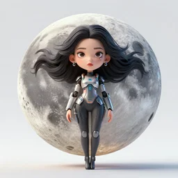 a 3 d render of a cartoon giant moon, with 1 9 7 6 woman with floating hair, sci - fi clothes, fine facial features, beeple and james jean, aya takano color style, 8 k, super detailed, modern, 4 k, symmetrical