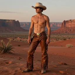an homoerotic painting of a handsome shirtless cowboy wearing a bandolier and fringed leather pants | red desert mesa background at twilight | by bill ward, by tom of finland, by clyde aspevig, by alphonse mucha | trending on artstation