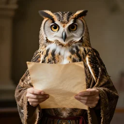 an owl scholar holding a parchment
