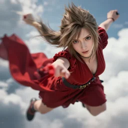 epic scene of very attractive final fantasy 7 female character, detail face, lovely eyes and lips, with amazing detail red dress ) ( fighting ) hyper realistic 3 d render, art station, particles, epic scene, mucha, clouds, jump pose, blur focus, action,