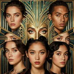 an art deco, ( streamline moderne ), multi - racial portrait in the style of anna dittmann and charlie bowater and chanthara. very large, clear, expressive, and intelligent eyes. centered, ultrasharp focus, dramatic lighting, photorealistic digital matte painting, intricate symmetrical ultra detailed background.