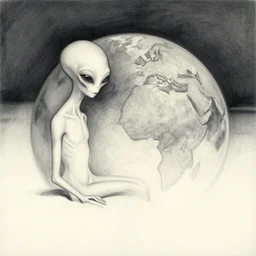 impressionist sketch of an alien came to earth, nighttime, weird, elegant, panorama, character is small