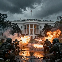 trench warfare around the White House, war, explosions, heavy machine gun fire, flame and fire, unreal engine, octane render, cinematic, epic, rainy stormy night, chaotic, 8k, ultra realistic, ultra detailed, Artstation, Trending on Artstation, Artstation HQ, Artstation HD, deviant art, Pinterest, digital art, reflections, lightning,