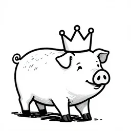 walking pig wearing crown ink drawing black and white 35mm
