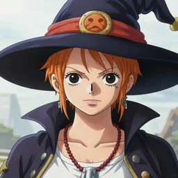 beautiful portrait of a Witch who looks like  Nami from the One Piece anime character design by Mark Brooks and Brad Kunkle detailed, soft lighting