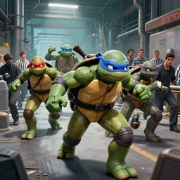ninja turtles are escaping from the factory, and a couple of people were prisoners with them. then the men in black chased them, and then the gangs, 8 k, extremely beautiful trending on artstation,