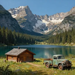 A mountain lake with a log cabin and an old truck, beautiful matte painting, Moebius, frank frazetta, sid mead, thomas kinkade, rodney mathews, trending on artstation