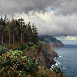 painting by sargent and leyendecker and greg hildebrandt savrasov levitan epic composition forests trees bushes taiga coast cliffs bay above the layered low clouds on madeira faroe azores iceland overcast storm