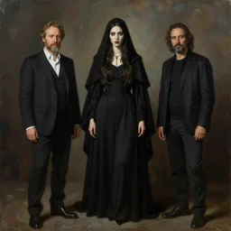 Richard Schmid and Jeremy Lipking and Roberto Ferri full length portrait painting of a young beautiful evil fantasy priestess covered head in black except for face