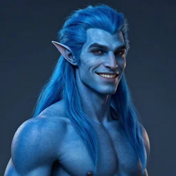 a portrait of a sea elf man in his 3 0 s with long blue hair tied back and blue skin, a character portrait, no beard, smiling, trending on deviantart, fantasy art, lighthearted, handsome, style by donato giancola, wayne reynolds, jeff easley dramatic light, high detail, cinematic lighting, trending on artstation
