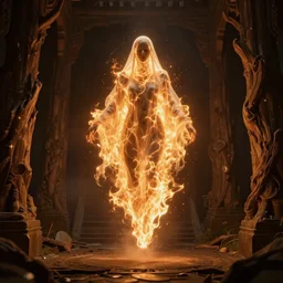 portrait of a ghost in flames floating in the air, ancient wood environment, Cinematic lighting with glare, insanely detailed, trending on artstation, golden ratio, concept art by Agesandro de Rodas & Emil Melmoth