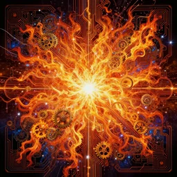 fiery art nouveau explosions, rich bright colors, intricate, ornate, circuitry, gears, sparkle, extremely hyperdetailed, sharp focus