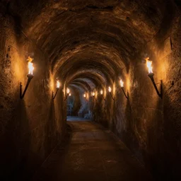 alien tunnel with hanging torches on the wall, 8 k photography, hdr, dark