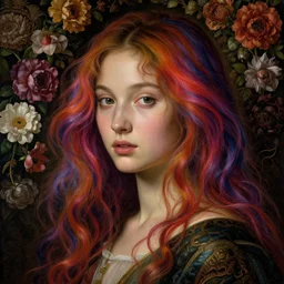a closeup portrait of one beautiful kpop goddess with swirling vivid coloured hair and a wall of flowers in the background, intricate, detailed, painted by botticelli, rachel ruysch, vermeer and ambrosius bosschaert, hyperrealism, dark, dramatic lighting, analogous complementary colour scheme, trending in artstation, octane, rendered
