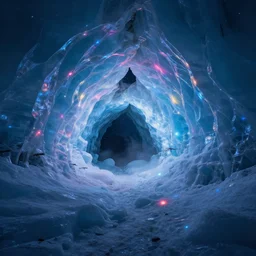 a beautiful digital artwork of an ice cave in a smooth glacier full of color led lights, stars in the background, high quality, stunning, volumetric shadows, haze, master level composition