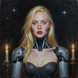 a striking hyper real oil painting of Elle Fanning with cybernetics, dark, candle lighting, stars in the sky,
