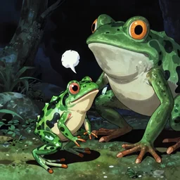 scary godlike fairy in the anime style of Junji Ito , eating a psychedelic frog violently , being chased by a anthropomorphic giant frog , petite , upper body , epic , traditional makeup , gorgeous features ,Perfect pixel art, Post-processing , Greg rutkowski legendary matte painting , masterpiece