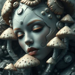 a bio - mechanical pretty sleeping giant woman with mushrooms as camouflage, 4 k, ultra realistic, beautiful eyes!!, epic lighting, machines, high detail, masterpiece, trending on artstation by artgerm and akihito tsukushi!! and alphonse mucha, crayons!!!!!!!!!!!!!!!