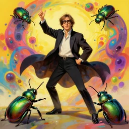 full body shot of john lennon commanding beetles to attack, full - body art, fantasy art, dnd, john lennon, very very very beautiful fantasy art, bright colors, final fantasy, unreal engine 5, graceful, elegant, trending on artstation, intricate details, studio ghibli, matte painting, organic painting, bold shapes, street art, greg rutkowski, gaston bussiere