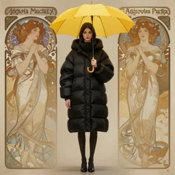A very tall, slender woman wearing black puffy clothes and holding a yellow umbrella, sharp focus, intricate, elegant, digital painting, artstation, matte, highly detailed, concept art, illustration, ambient lighting, art by artgerm, Alphonse mucha, and Greg Rutkowski