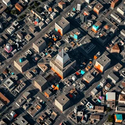 a satellite view of a square city with geometric shapes by wacław sporski and ramon chirinos, glitches, ocher and turquoise colors