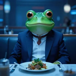 the most beautiful cybercore frog diner, casual elegant suit, blue low - light photography, angelic detail, scene from a nicolas winding refn movie