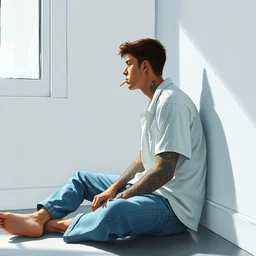 a tattoed young and thin latino guy sitting on the floor alone in a badly lit white room wearing a sleeveles white shirt and blue jeans, looking out the window, short hair, tattoos, smoking, illustration, cinematic light, wide angle lens, side view, art by greg rutkowski