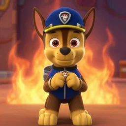 ryder from paw patrol, i'm looking sinister at camera, ringing hands together, evil mastermind. background flames, by wayne barlowe